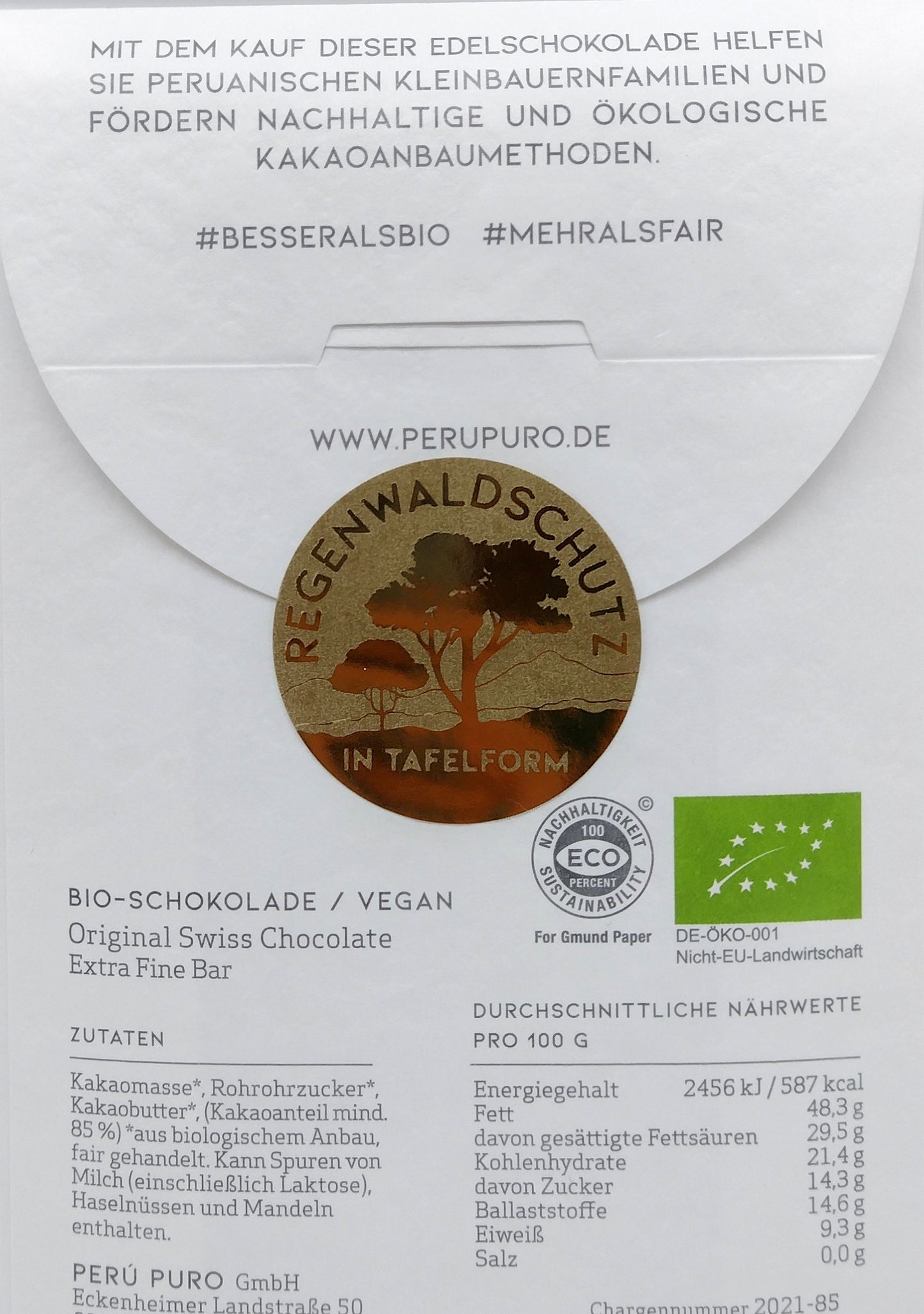 Perú Puro - Chuncho Gold - Bio - Vegan - Dunkel 85 % - 70 g